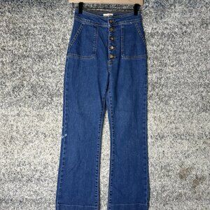 Sézane Jeans Womens 36 Blue High Rise Wide Leg Button Fly Denim Patch Pockets
